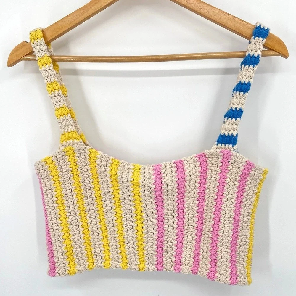 Zara Womens Medium‎ Crochet Knit Crop Top Tank Multicolor Striped Beachwear NWOT